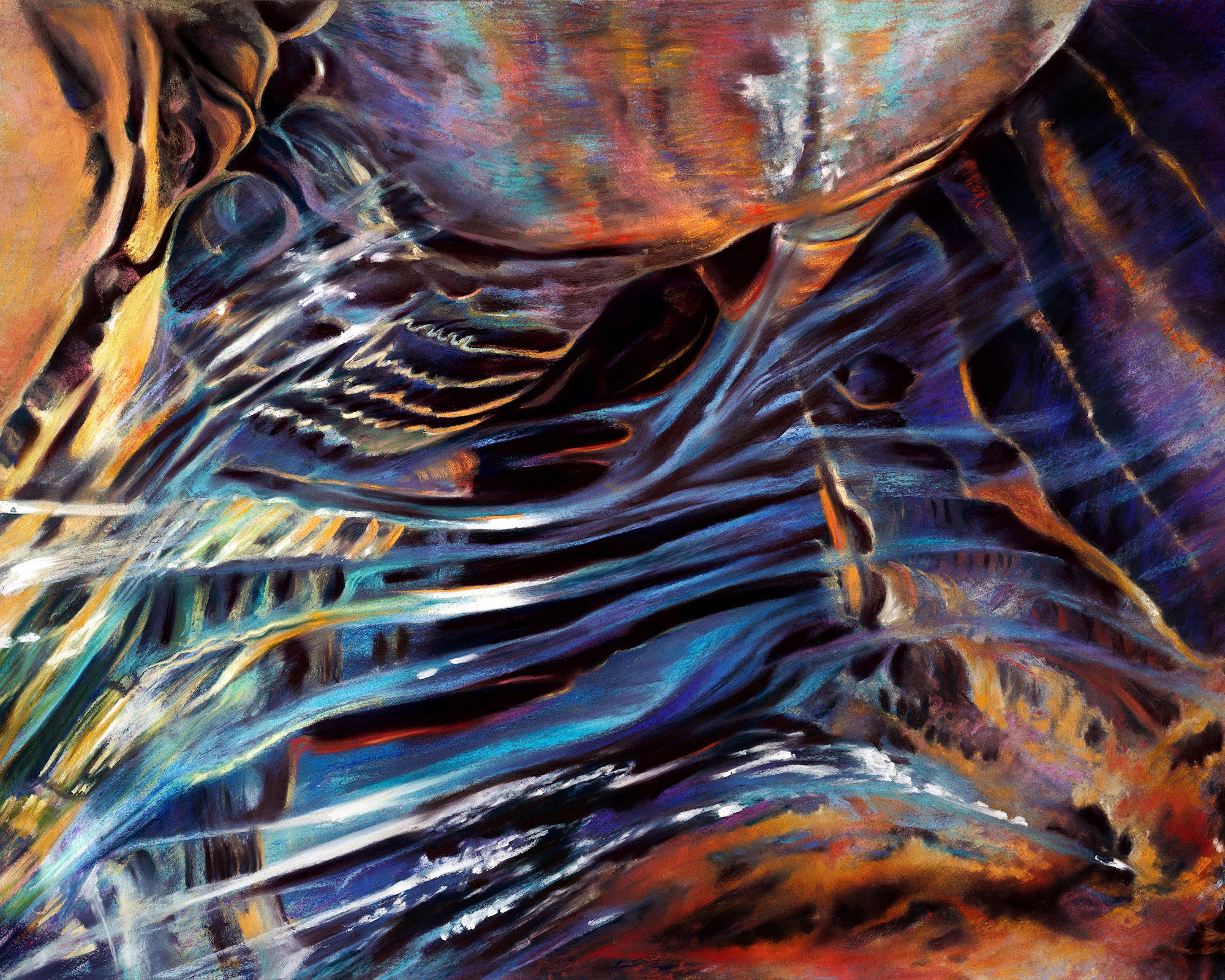“Water Gems II” by Suzanne Jack – a dynamic pastel painting featuring abstract flowing forms in vivid blues, purples, and earth tones, inspired by the movement and reflection of water.